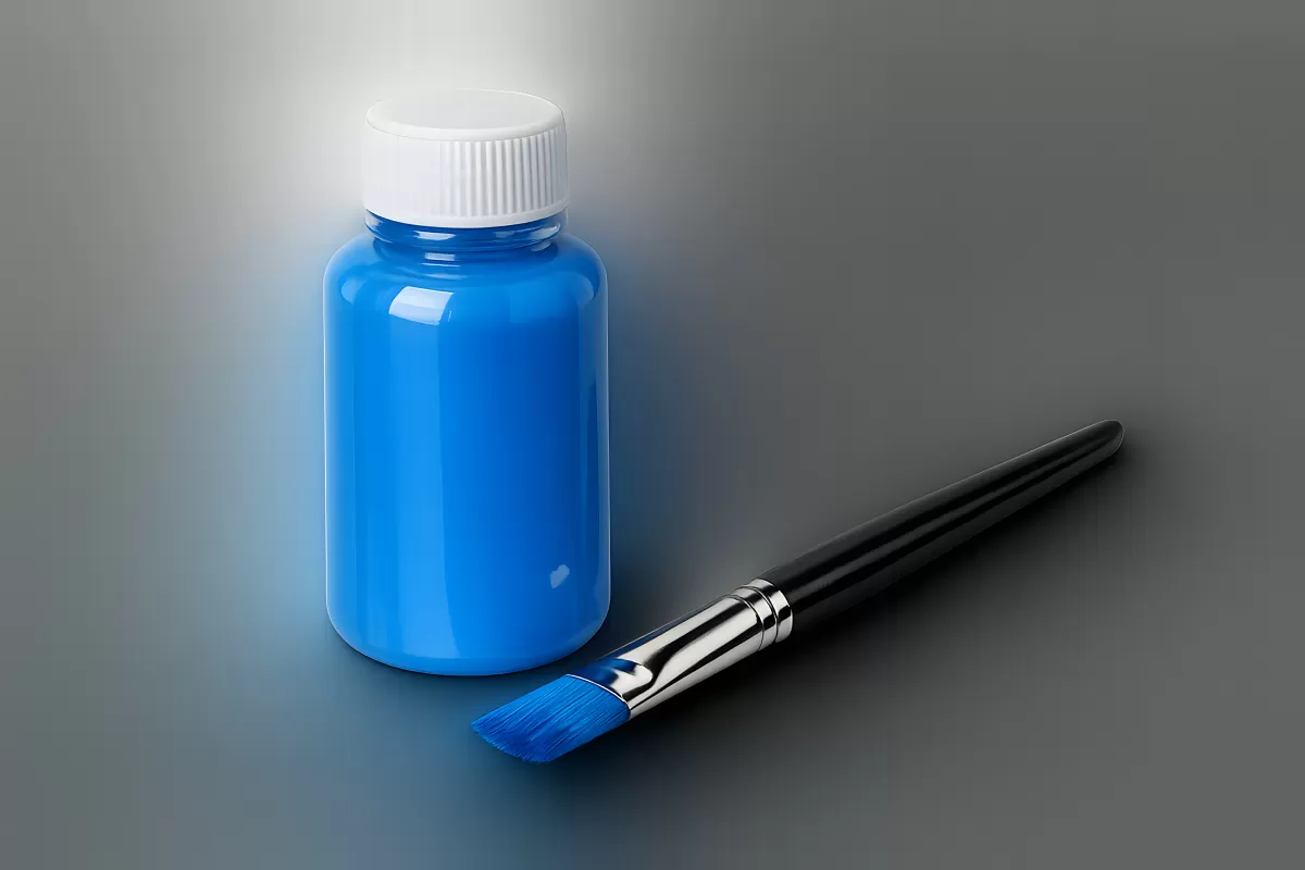 Blaue Farbe in Flasche mit Pinsel auf grauem Untergrund