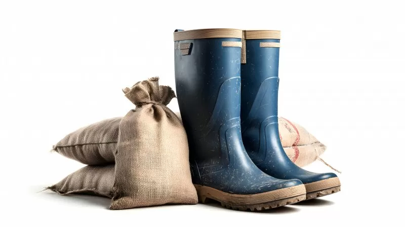 Blaue Gummistiefel mit Sandsäcken