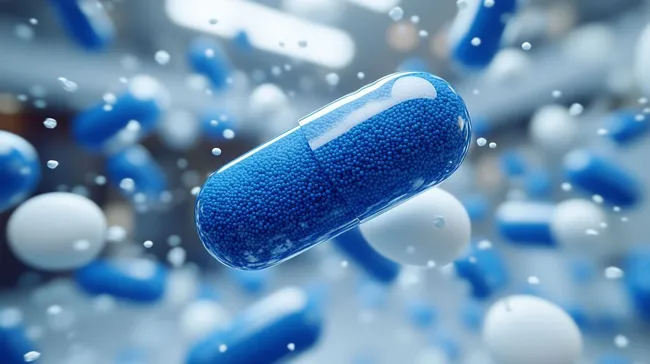 Blaue Kapseln und Pillen vor weißem Hintergrund