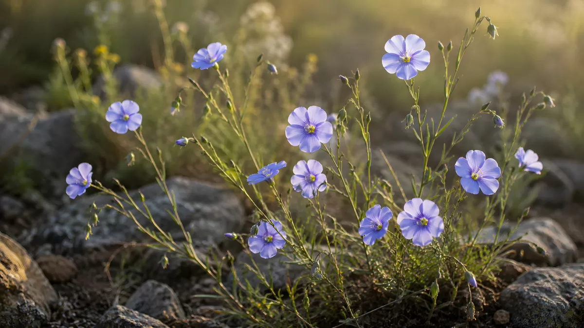 Blaue Leinblumen wachsen zwischen Steinen im Gegenlicht