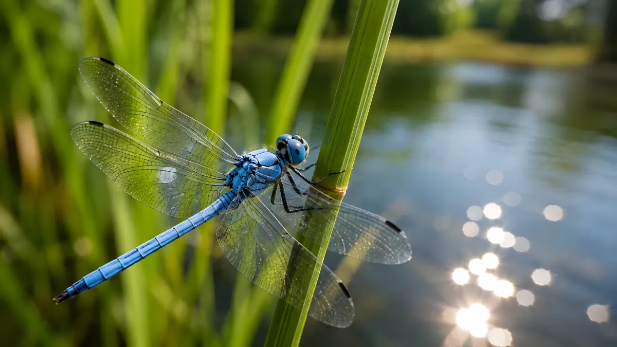 Blaue Libelle auf Schilf am sonnigen Teichufer