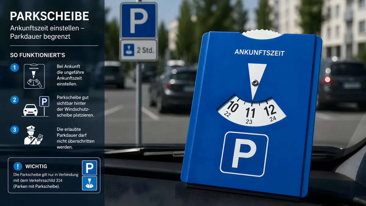 Blaue Parkscheibe mit Ankunftszeit auf Armaturenbrett