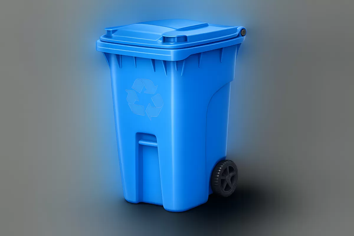 Blaue Recyclingtonne mit Rädern auf grauem Hintergrund