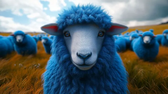 Blaue Schafherde in grüner Wiese