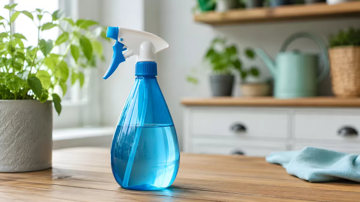 Blaue Sprühflasche auf Holztisch mit Zimmerpflanzen