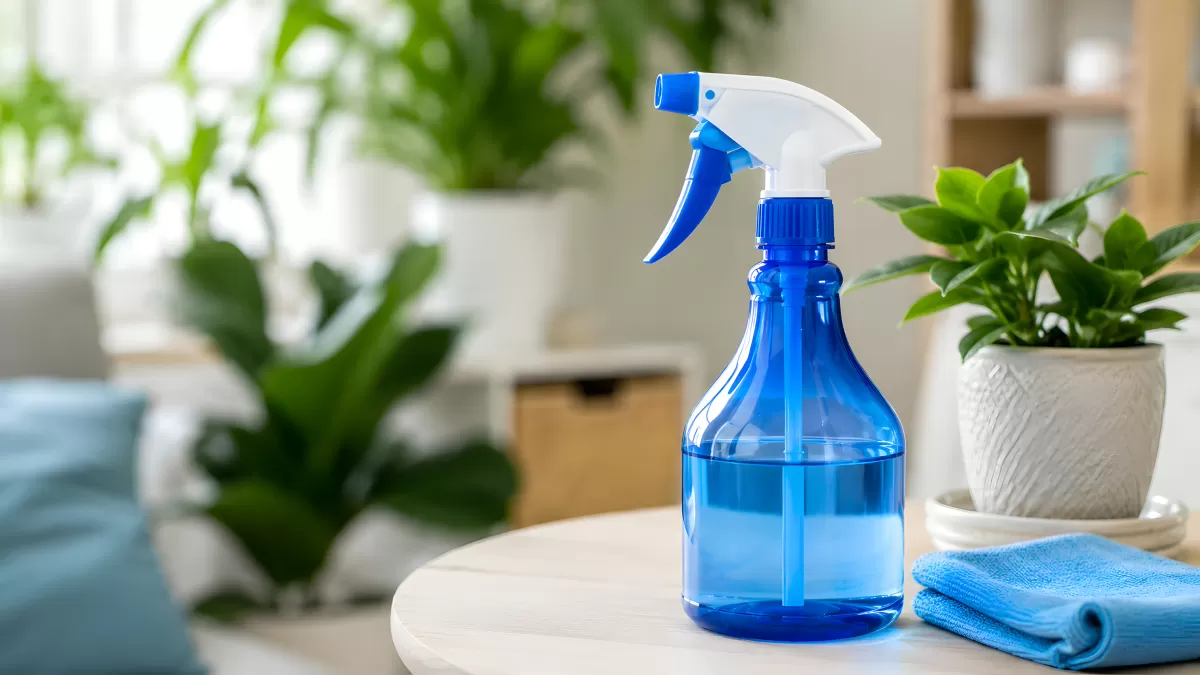 Blaue Sprühflasche mit Mikrofasertuch auf Tisch