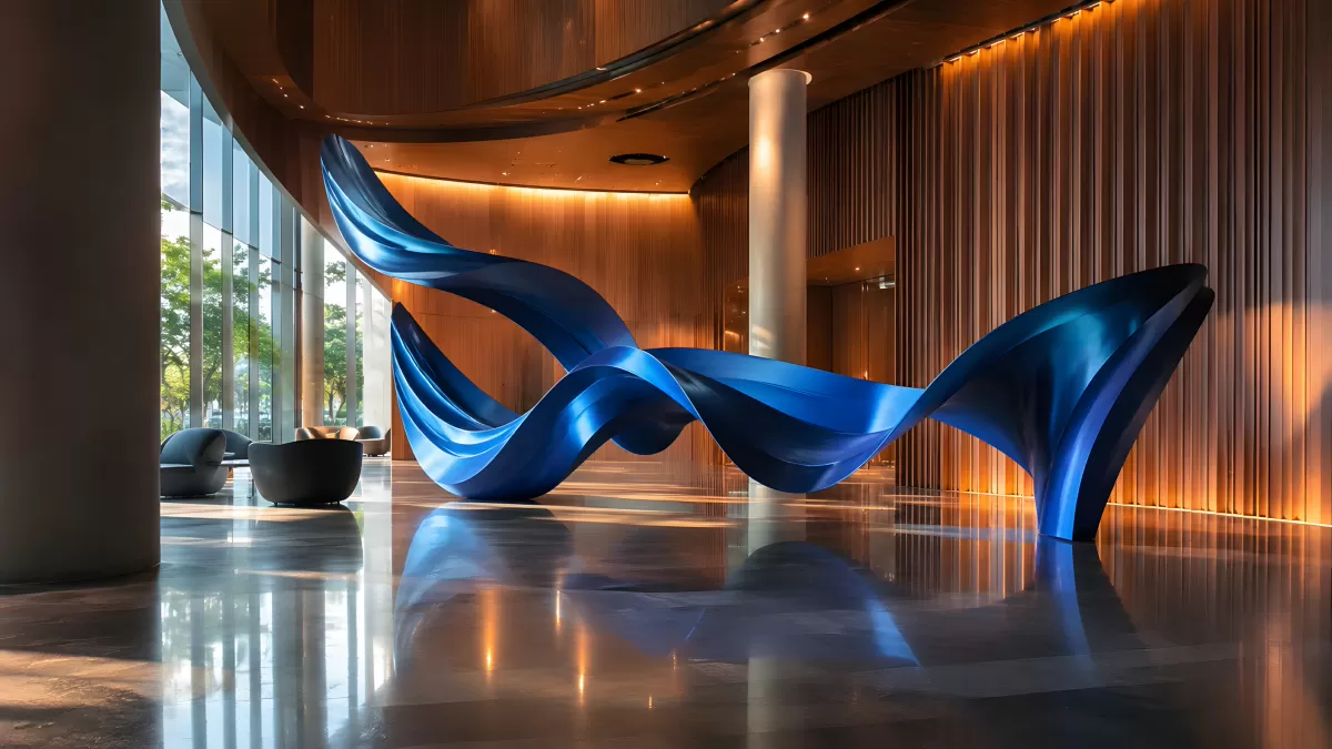 Blaue Wellenskulptur in modernem Gebäudefoyer