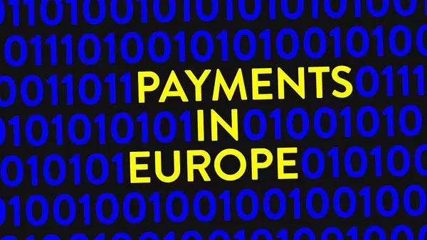 Blauer Binärcode auf Bildschirm mit gelbem, hervorgehobenen Text "Bezahlungen in Europa" - Neue EU-Richtlinie für Onlinezahlungen