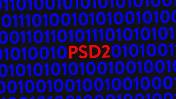 Blauer Binärcode auf Bildschirm mit rotem, hervorgehobenem Begriff PSD2, Online-Zahlungen