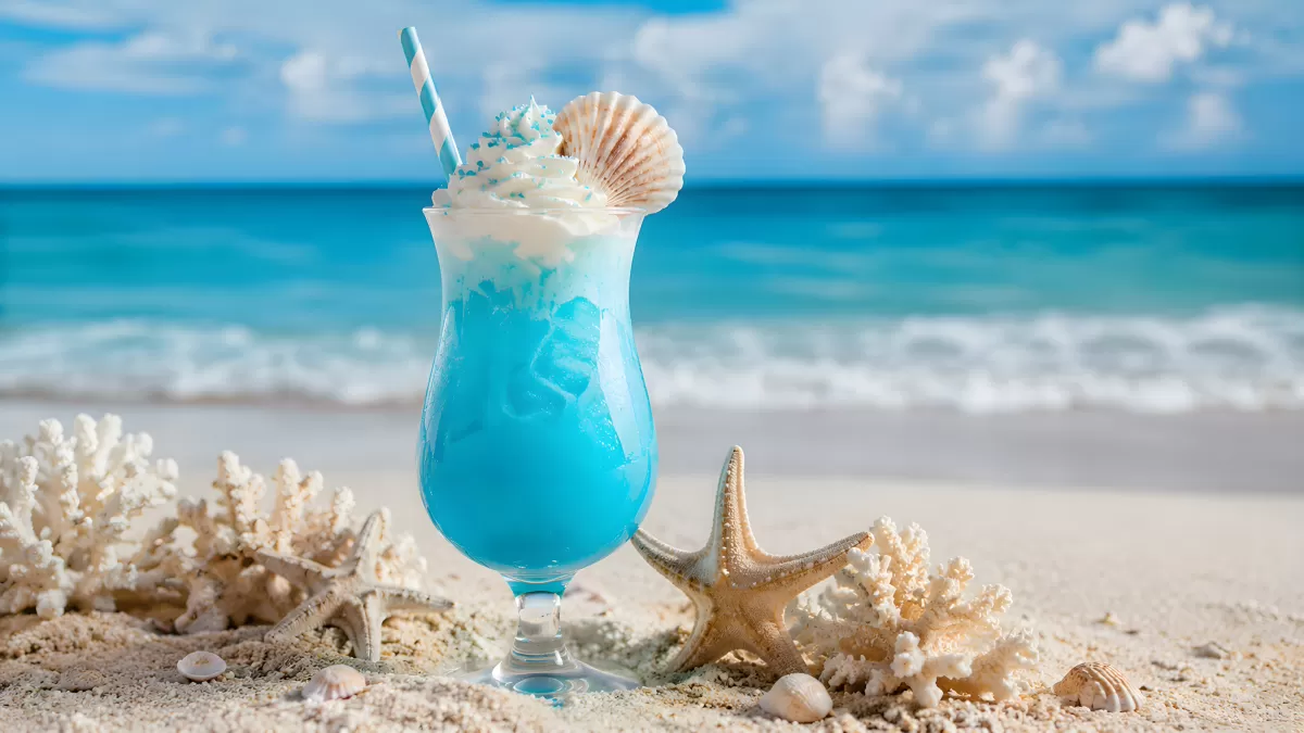 Blauer Cocktail am Strand mit Meeresdekor