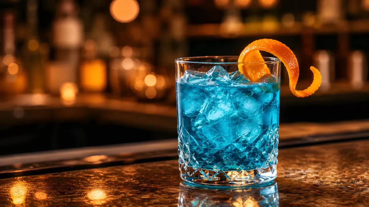 Blauer Cocktail mit Eiswürfeln und Orangenzeste