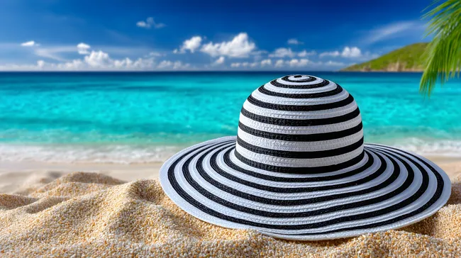 Blauer Himmel, tropischer Strand und gestreifter Sonnenhut