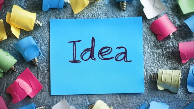 Blauer Post-it-Zettel mit Idee-Aufschrift