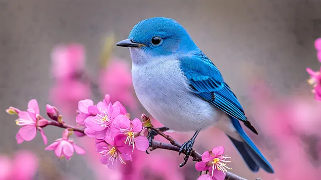 Blauer Singvogel auf Kirschblütenzweig