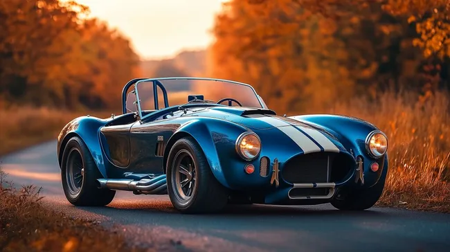 Blauer Sportwagen-Klassiker im Sonnenuntergang