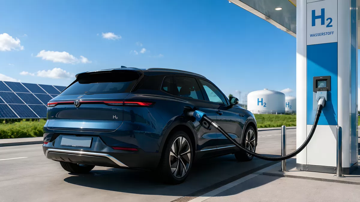 Blauer SUV wird an Wasserstofftankstelle betankt