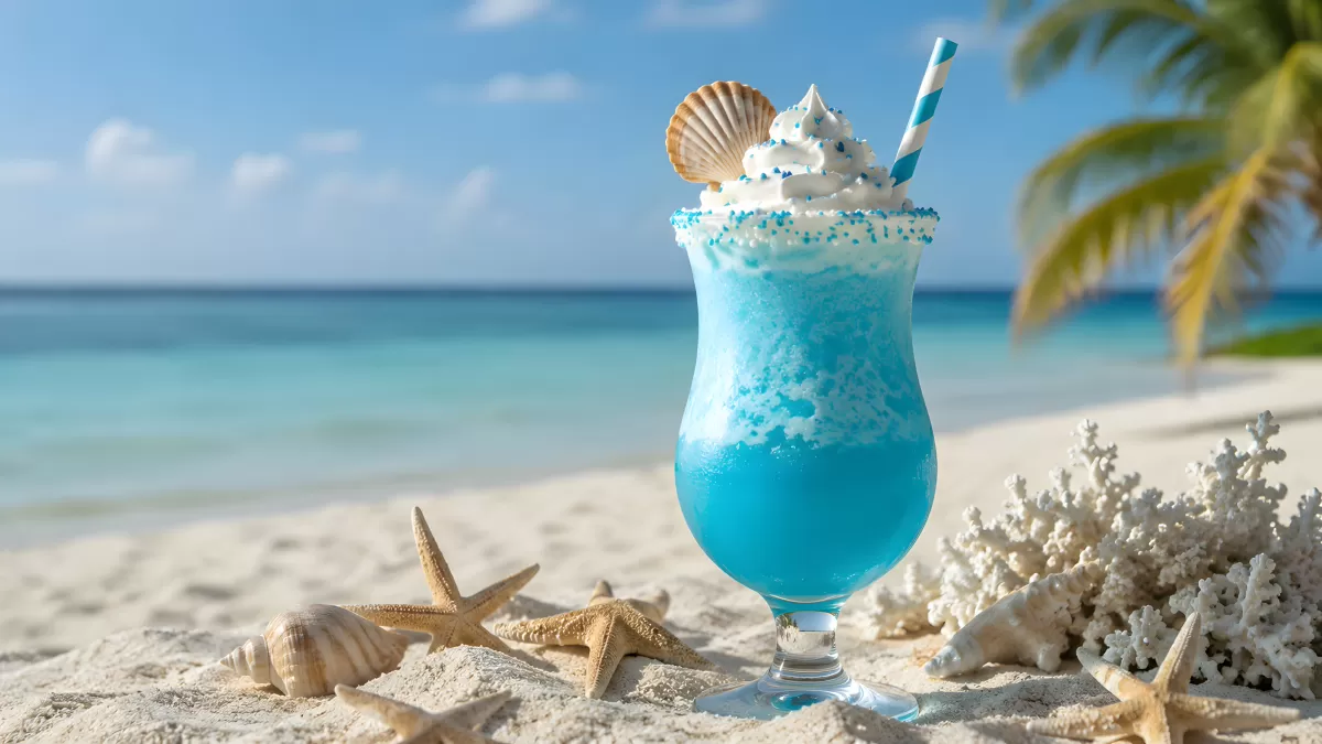 Blauer Tropical Shake am Strand mit Muscheln