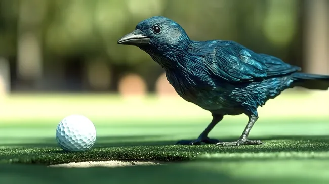 Blauer Vogel auf Golfplatz mit Golfball