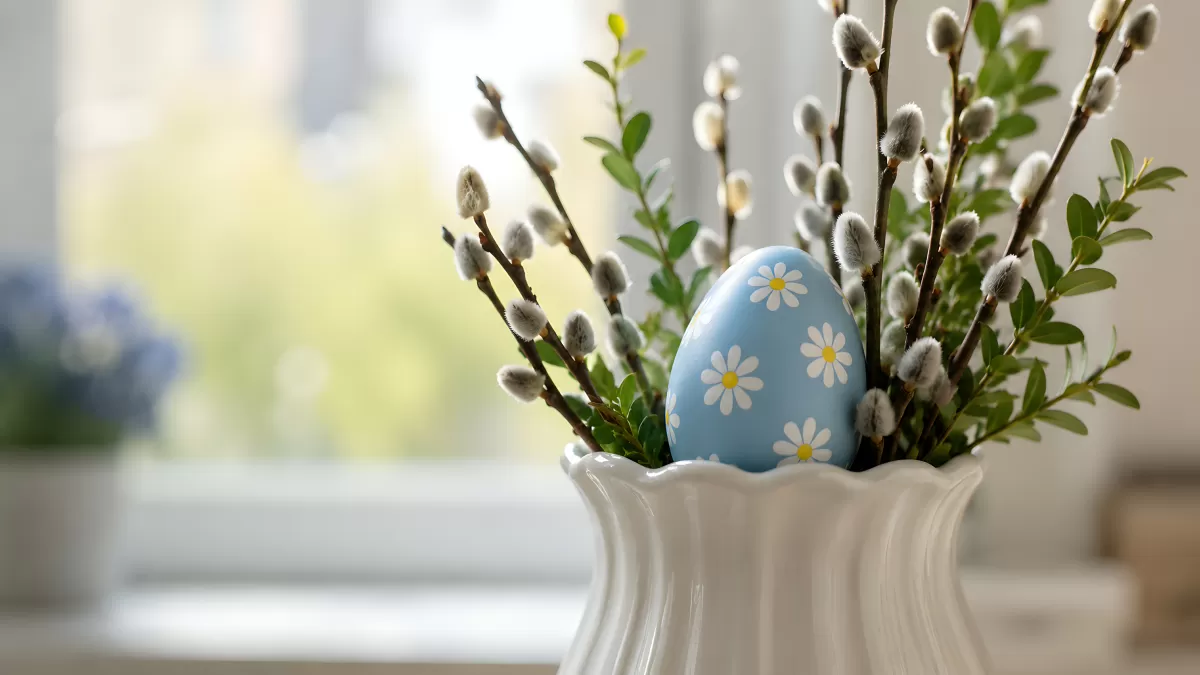 Blaues Osterei mit Gänseblümchen in weißer Vase