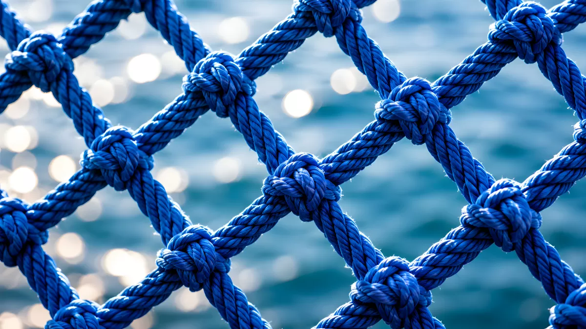 Blaues Seiltau-Netz mit Knoten vor glitzerndem Wasser