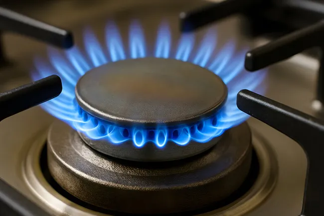 Blaugelbe Flamme eines gasbetriebenen Kochfelds