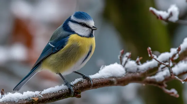 Blaumeise auf verschneitem Ast im Winterwald