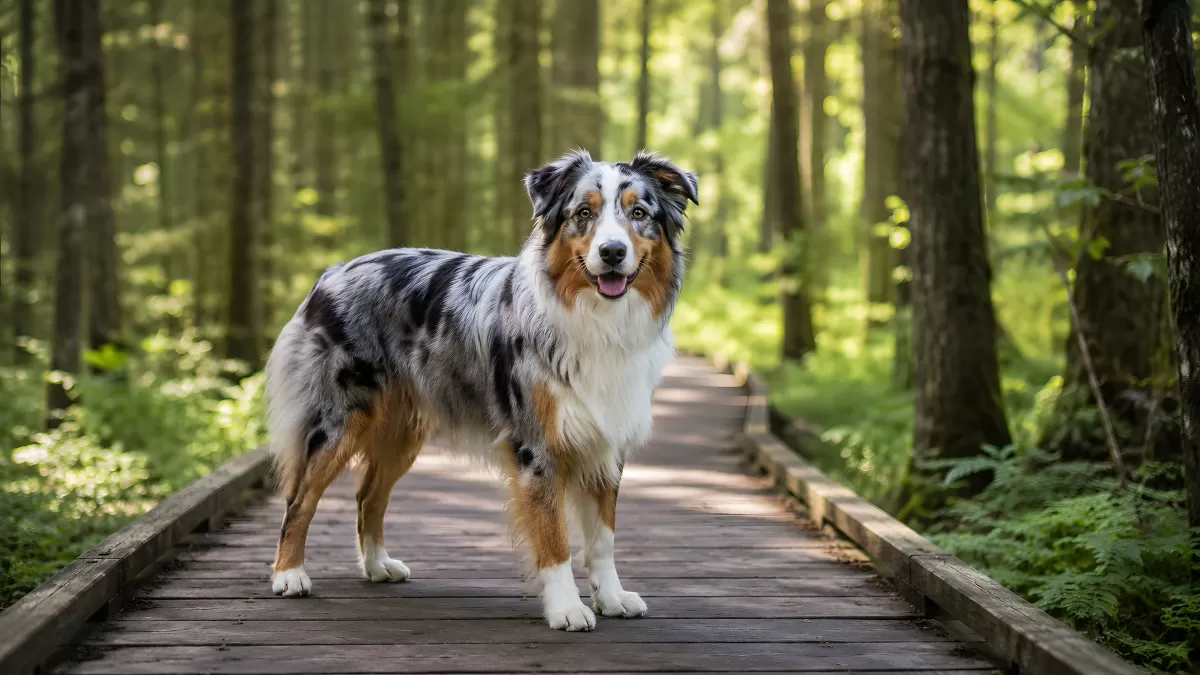 Blaumelierter Australian Shepherd auf Waldweg