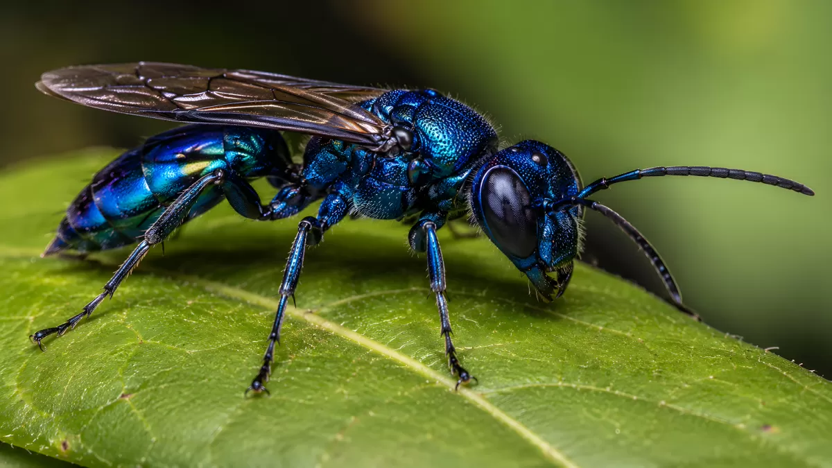 Blauschwarze Wespe mit Metallicglanz auf grünem Blatt