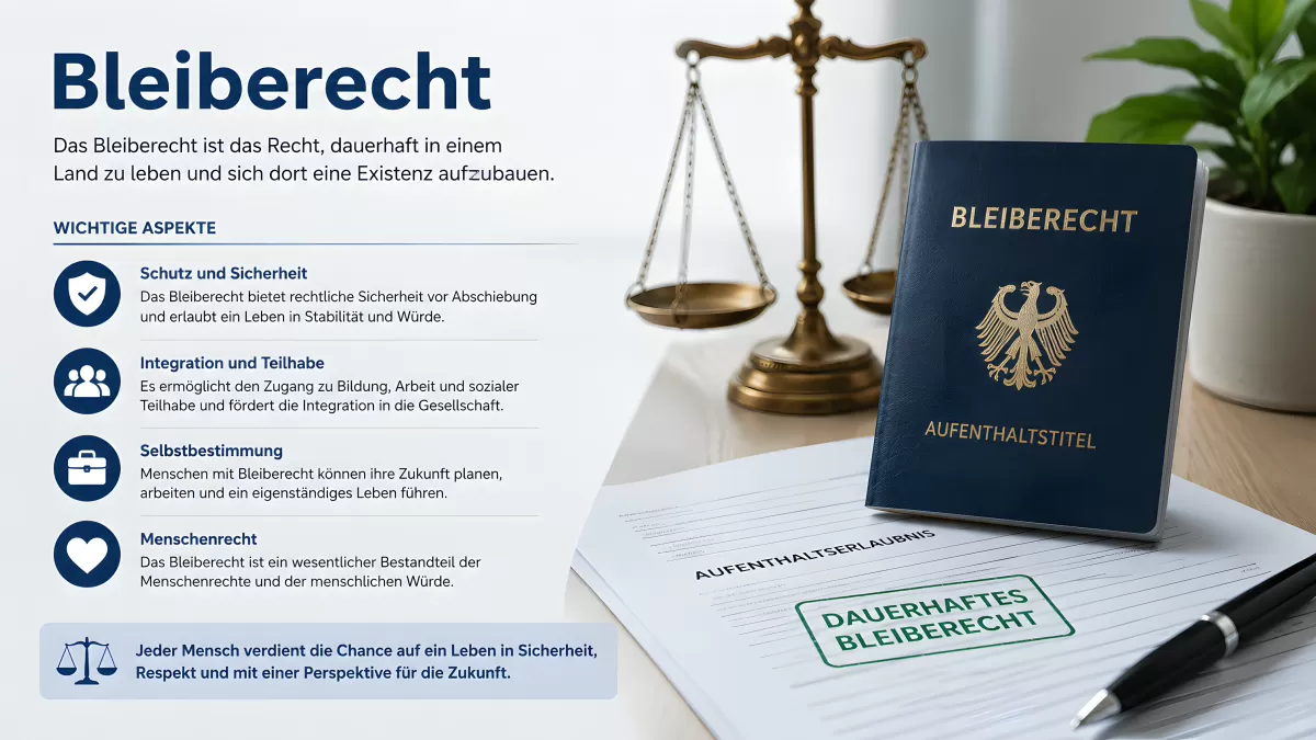 Bleiberecht Infografik mit Aufenthaltstitel und Waage