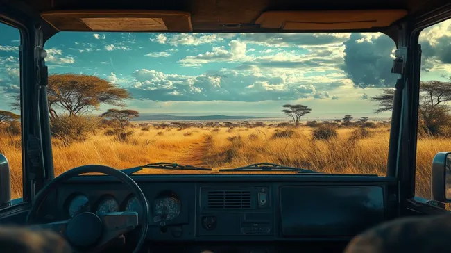 Blick aus Jeep-Fenster auf afrikanische Savanne