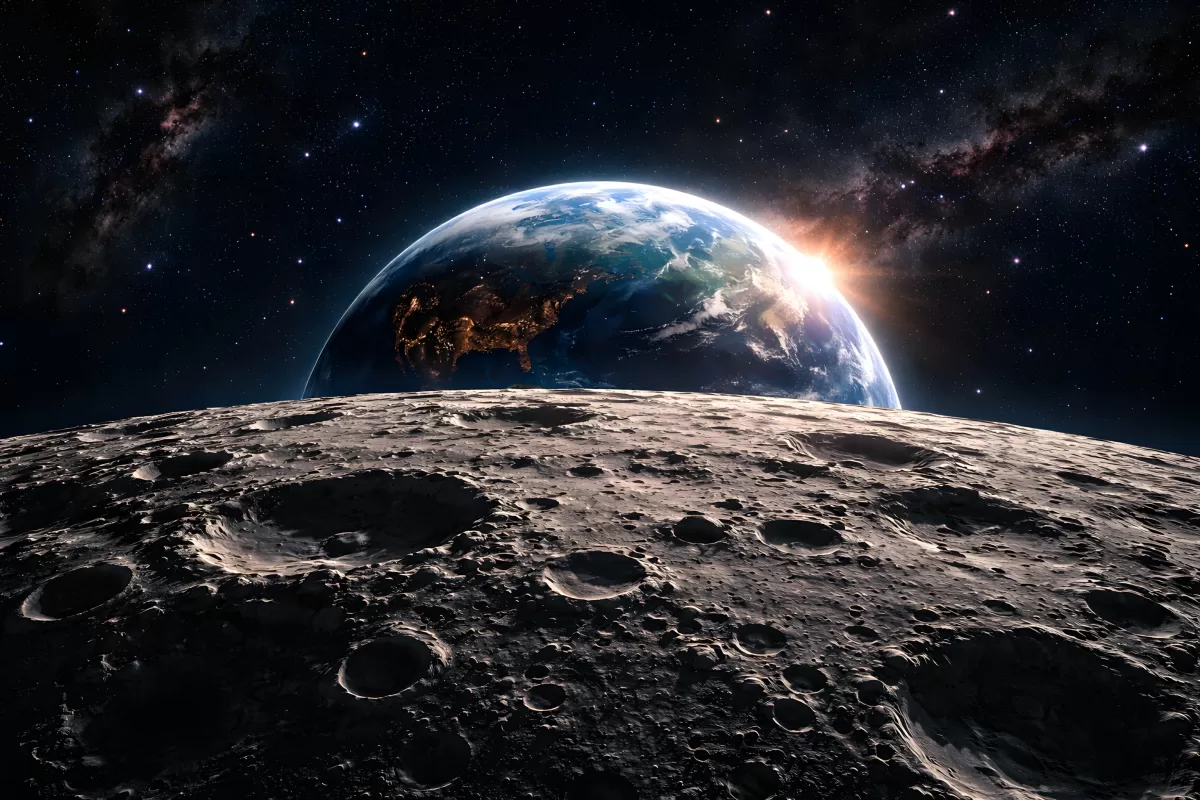 Blick vom Mond auf die beleuchtete Erde im All