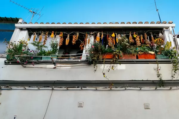 Blick von unten auf Balkon mit zum Trocknen aufgehängten Zwiebeln und Maiskolben in Lagos, Portugal