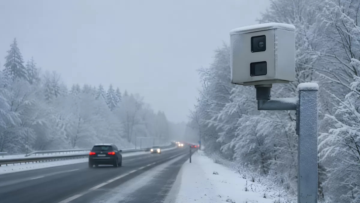 Blitzer an winterlicher Autobahn bei Schneefall