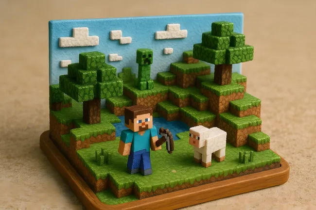 Blockartige Minecraft-Welt mit Figuren