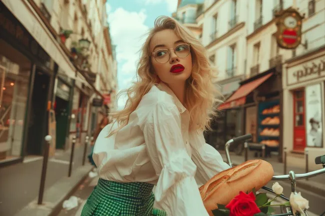 Blonde Frau in Paris mit Brille und Baguette