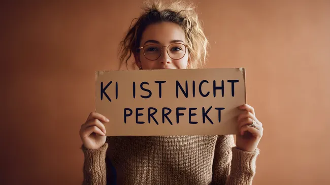 Blonde Frau mit Brille hält Karton mit Rechtschreibfehler