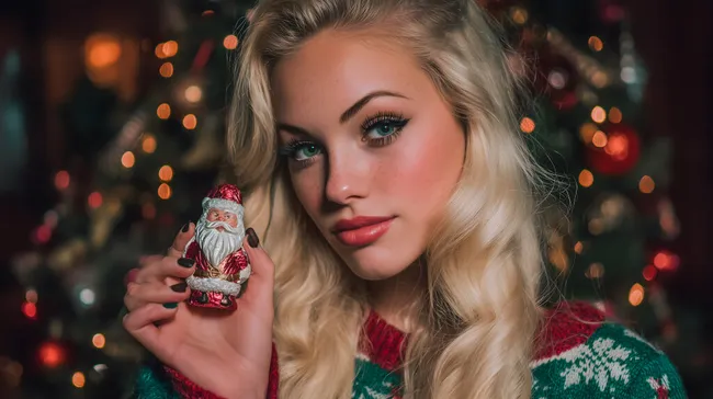 Blonde Frau mit Weihnachtsmann-Figur vor Lichterbaum