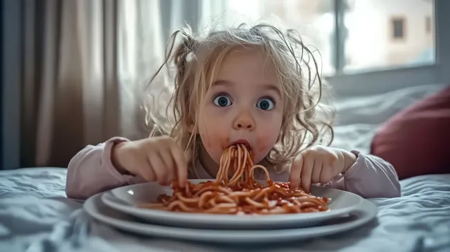Blondes Mädchen genießt Spaghetti mit Tomatensauce