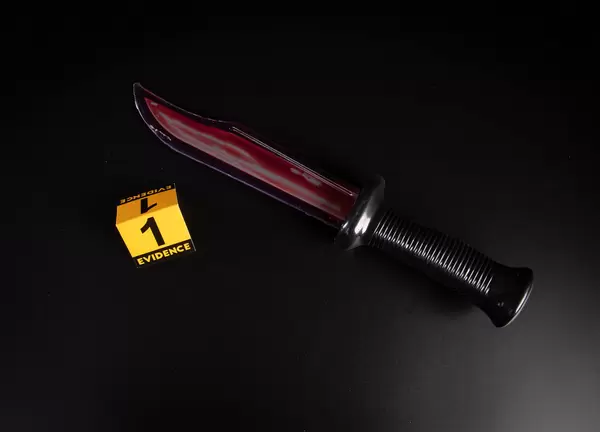 Bloody knife lies on a black background with evidence marker