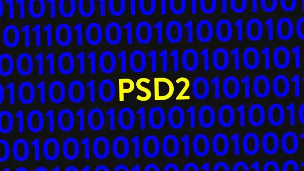 Blue binary code on screen with text PSD2