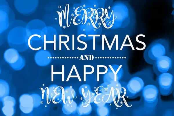Blue card with bokeh and merry christmas and happy new year greetings
