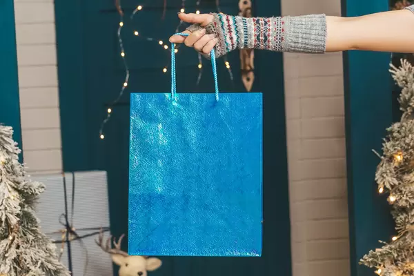 Blue gift bag in female hand, christmas concept