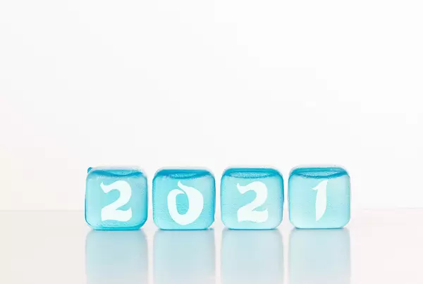 Blue ice cubes with 2021 text
