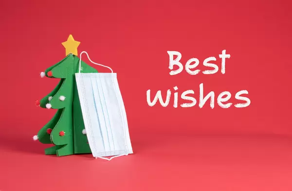 Blue medical face mask hanging lonely on a green Christmas tree with Best Wishes text