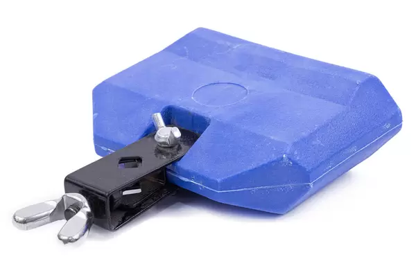Blue Plastic Drum Cowbell instrument above white background