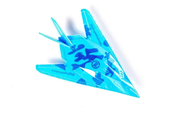 Blue plastic military aircraft on white