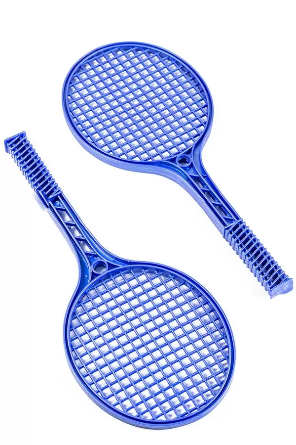 Blue plastic tennis rackets on white background