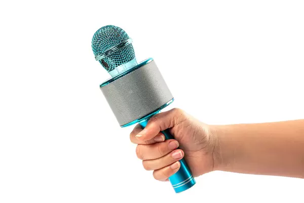Blue toy microphone in women hand