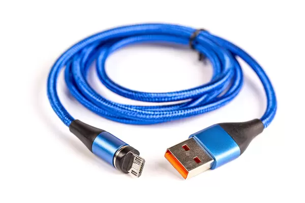 Blue USB cable on white background