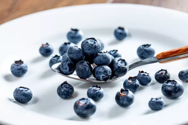 Blueberries in a spoon and scattered on a white plate (Flip 2019)